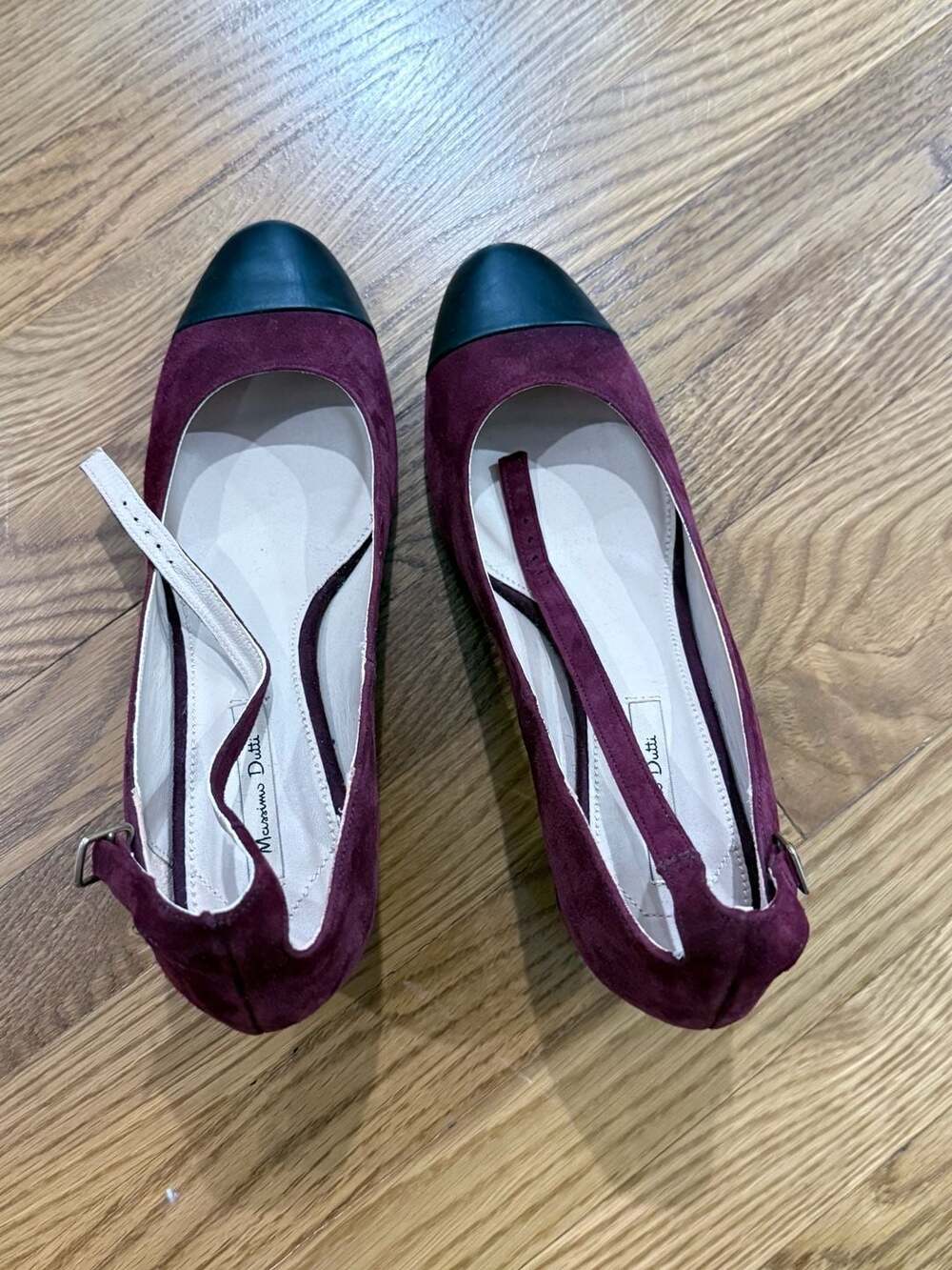 Massimo Dutti Burgundy Suede Cap Toe Block Heel Pumps with Ankle Strap